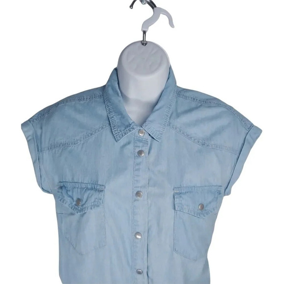 Revamped by Sirens Denim Romper Jumpsuit Blue Cuffed Leg XS - Picture 2 of 8